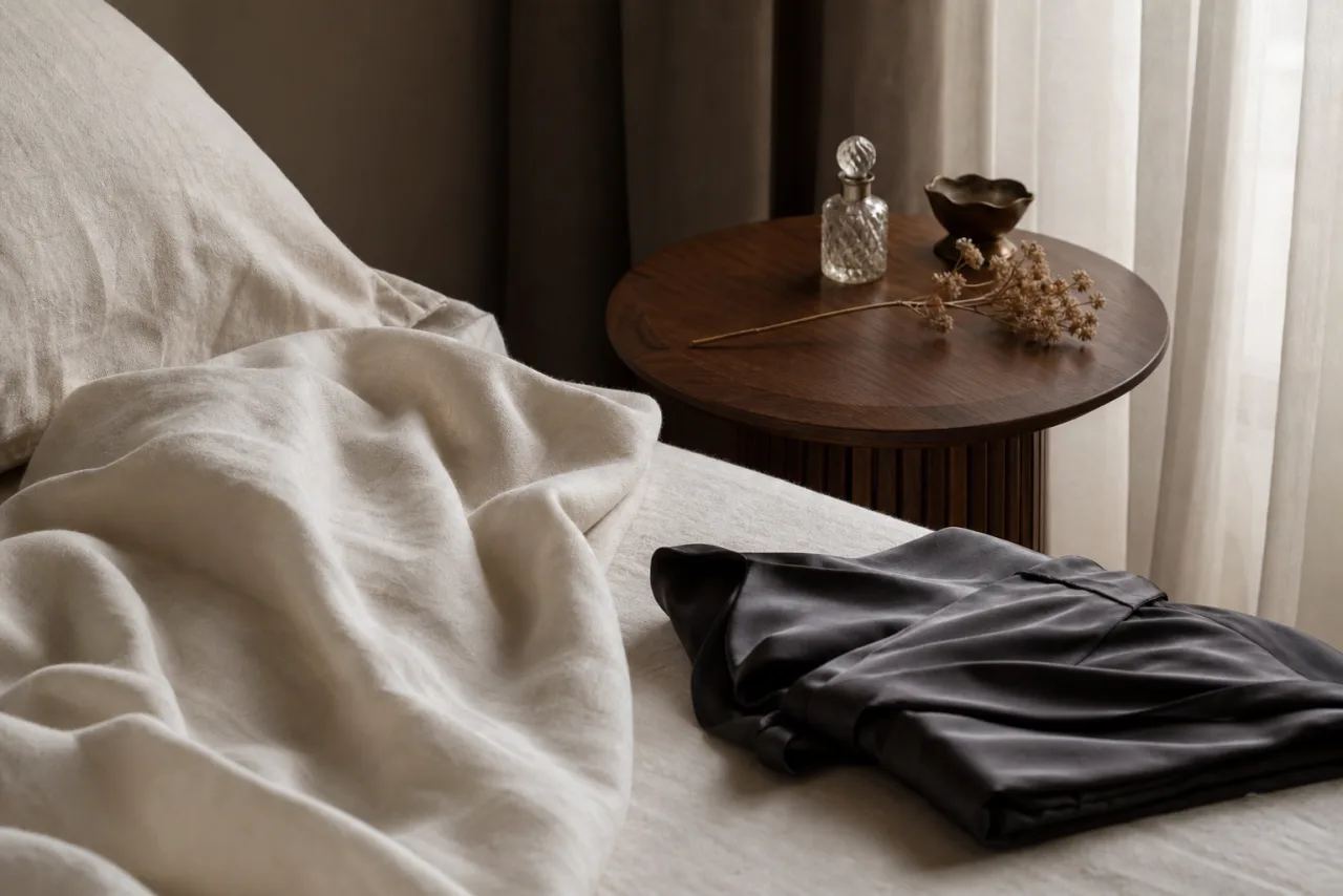 Boudoir session details with linen, silk, and soft window light
