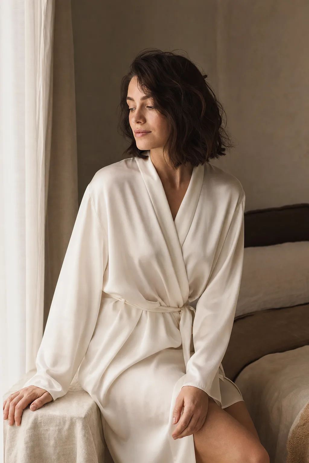Tasteful boudoir portrait in an ivory silk robe by a window