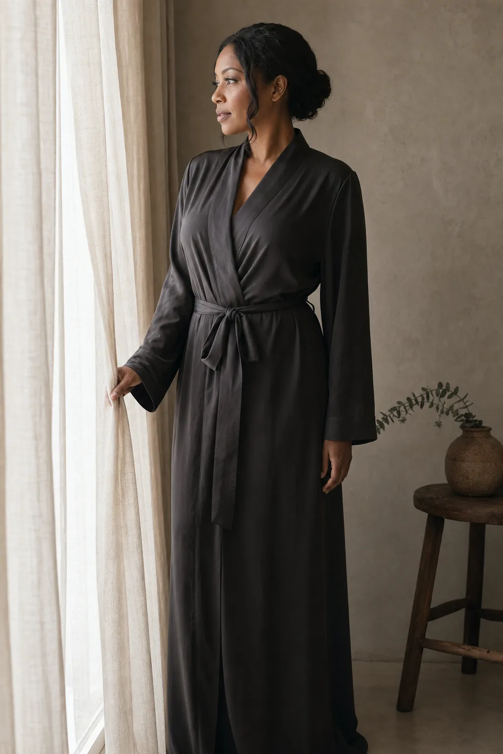 Intimate editorial portrait in a charcoal silk robe